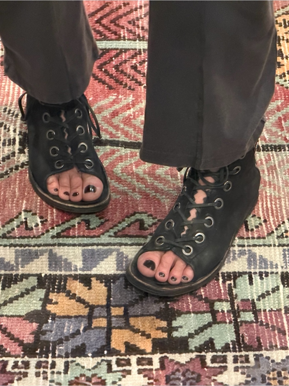 A.S.98 Black Lace-Up Open-Toe Sandals